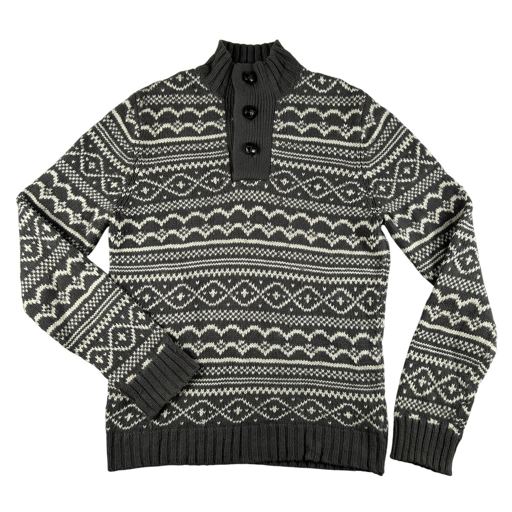Fossil Sweater Womens Large Gray Fair Isle Mock Neck Button Knit Pullover